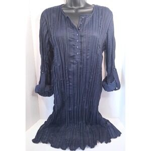 Lauren Ralph Lauren Navy Blue Crinkle‎ Pleated Roll Tab Sleeve Tunic Top M
